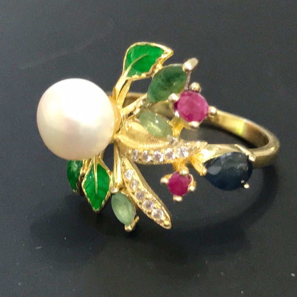 Real Pearl, Sapphire, Emerald & Ruby Ring Size 7.5